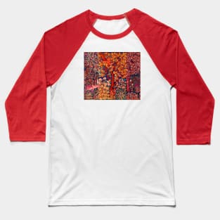 GREENERY,FOREST ANIMALS Pheasant on Fall Tree,Squirrel,Hares,Red Orange Pink Floral Tapestry Baseball T-Shirt